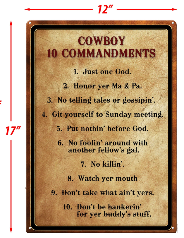 Cowboy 10 Commandments Tin Sign