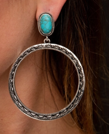 Burnish Silver Stamped Hoop Earring On Turquoise Post