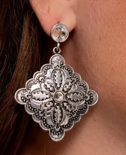 Burnished Silver Diamond Shaped Concho Earring On Rhinestone