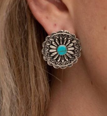 Burnished Silver Flower Concho Post Earring with Turquoise