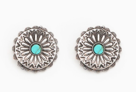 Burnished Silver Flower Concho Post Earring with Turquoise