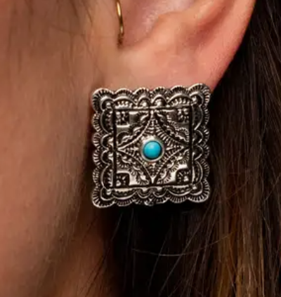 Burnished Silver Square Stamped Post Earrings with Turquoise