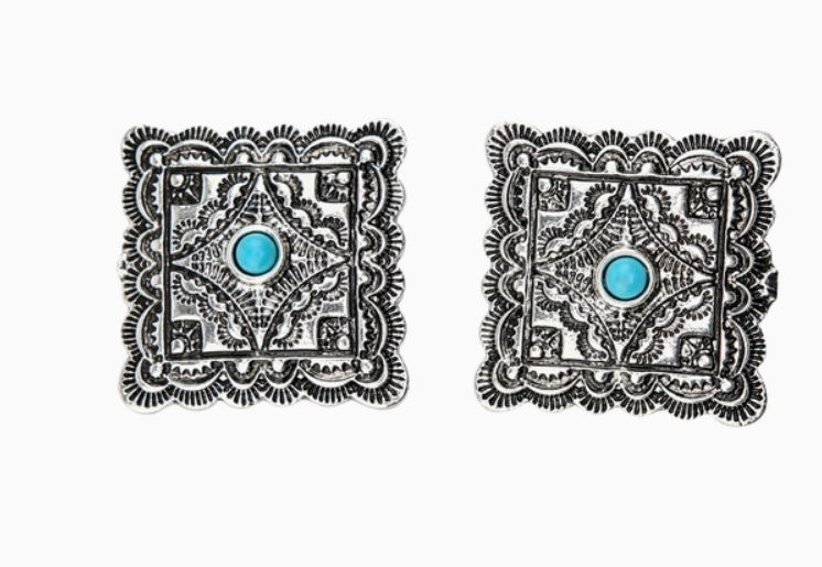 Burnished Silver Square Stamped Post Earrings with Turquoise