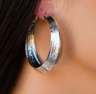 Burnished Silver Tooled Hoop Earring