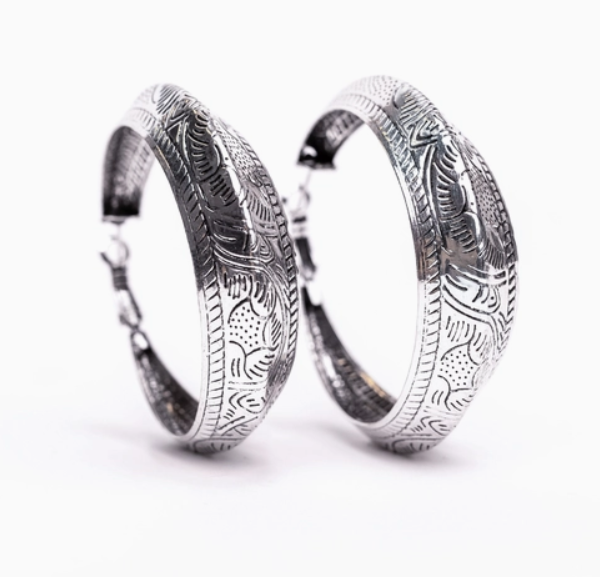 Burnished Silver Tooled Hoop Earring