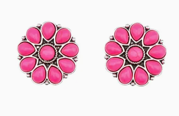 Burnished Silver and Pink Flower Stud Earring