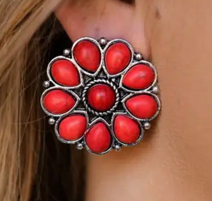 Burnished Silver and Pink Flower Stud Earring