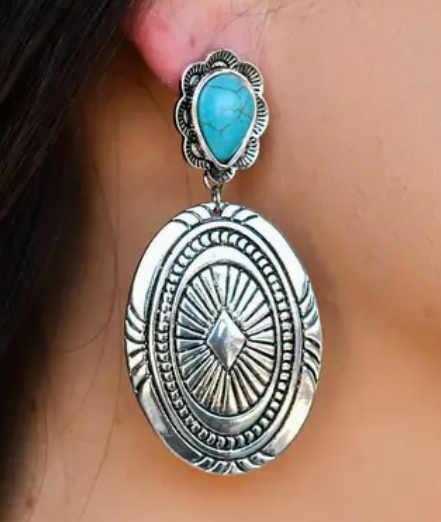 Burnished Silver Concho Earring with Turquoise Teardrop