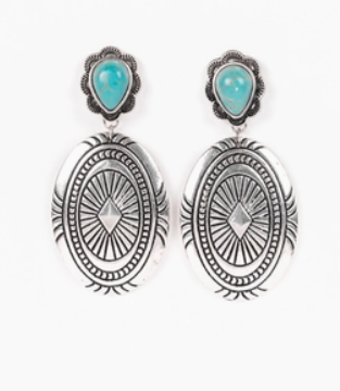 Burnished Silver Concho Earring with Turquoise Teardrop