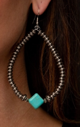 Metallic Silver Dangle Hoop Earring with Turquoise Diamond Accent