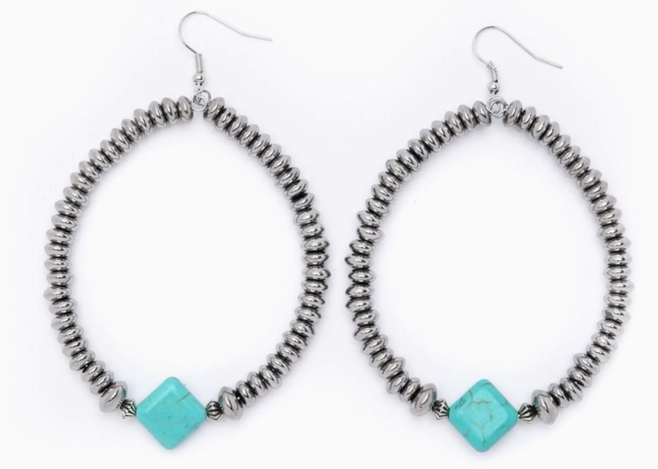 Metallic Silver Dangle Hoop Earring with Turquoise Diamond Accent