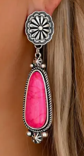 Pink Statement Earring On Silver Concho Post